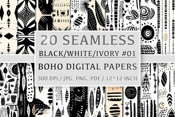 Download 20 Seamless Black White Ivory Boho Set 1 - Boho Collection