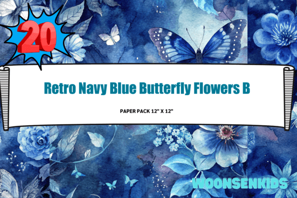 Download New Retro Navy Blue Butterfly Flowers Background Watercolor Png Kdp Digital Paper - Digital Collection