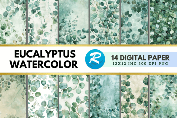 Download Eucalyptus Watercolor Digital Paper Pack - Digital Collection