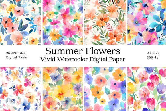 Download Summer Flowers Watercolor Digital Paper - Digital Collection