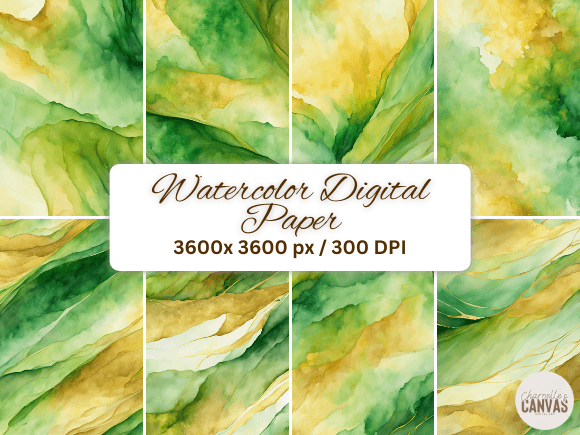 Download Green and Gold Watercolor Digital Paper - Digital Collection