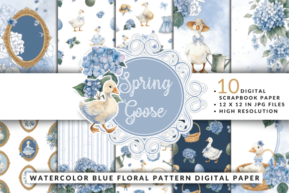 Download Spring Goose Blue Floral Digital Paper - Digital Collection