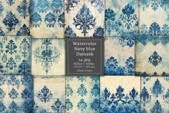 Download Vintage Navy Blue Damask Digital Paper - Digital Collection