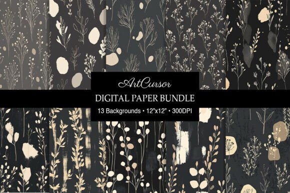 Download Charcoal Beige Botanical Digital Papers - Digital Collection