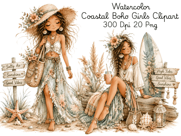 Download Watercolor Coastal Boho Girls Clipart Bu - Boho Collection