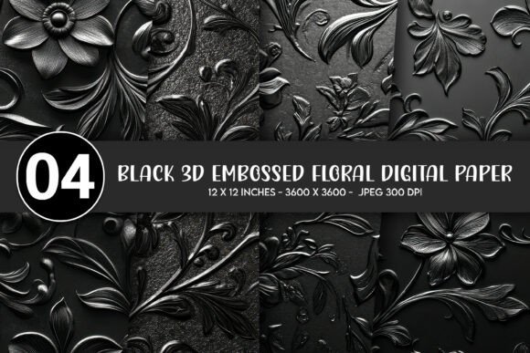 Download Black 3D Embossed Floral Digital Paper - Digital Collection