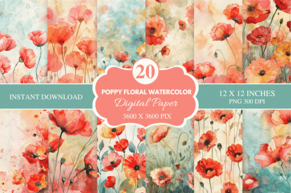 Download Poppy Floral Watercolor Digital Paper - Digital Collection