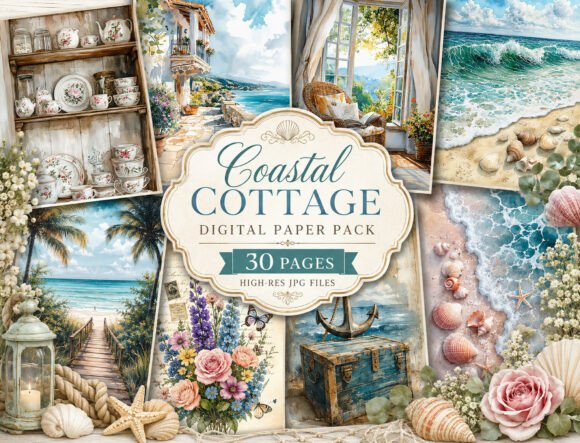 Download Coastal Cottage Watercolor Digital Paper - Digital Collection